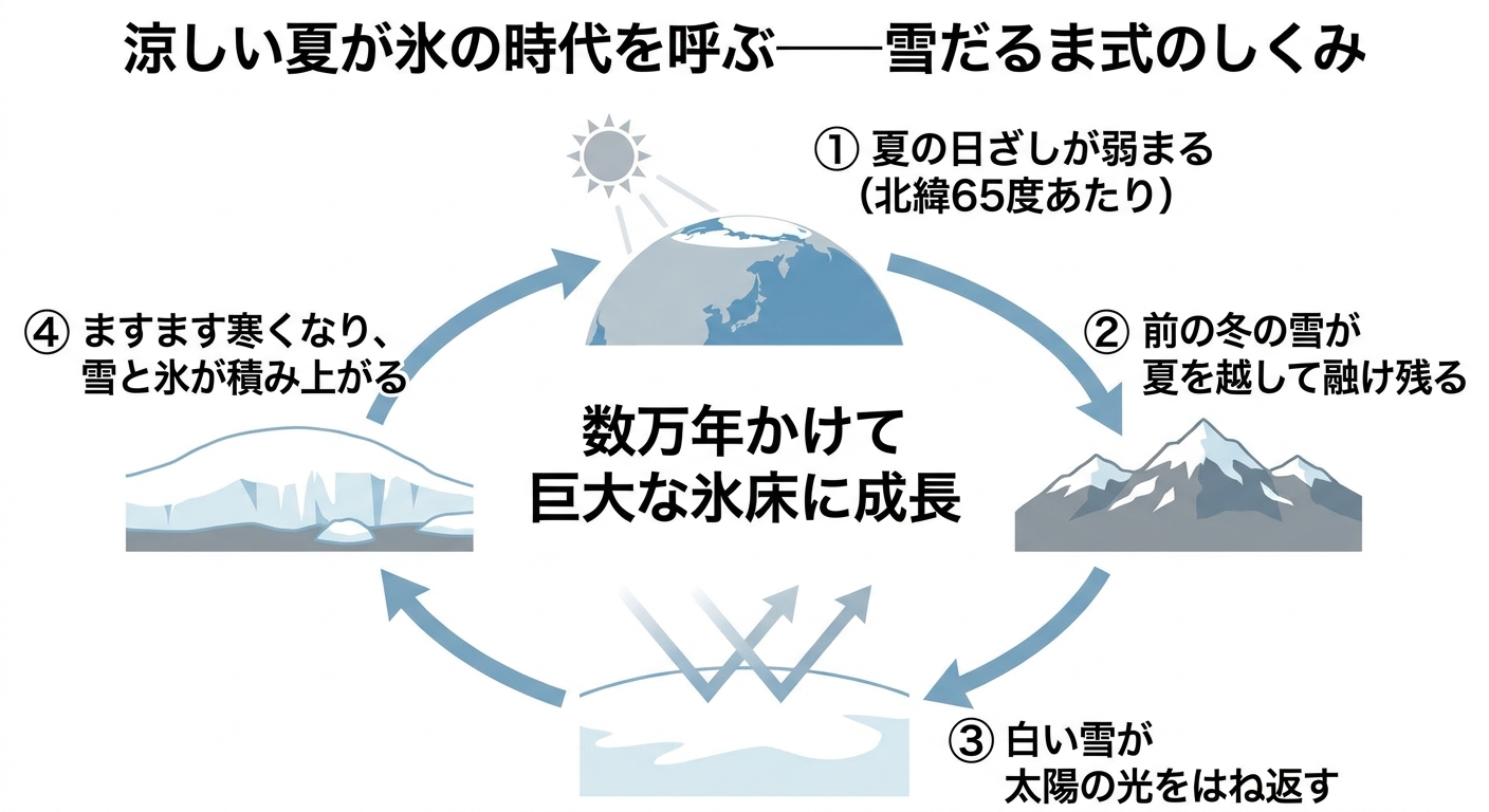 夏の日射が弱まると雪が融け残り、白い雪が光を反射してさらに寒くなり氷床が成長する循環の図解