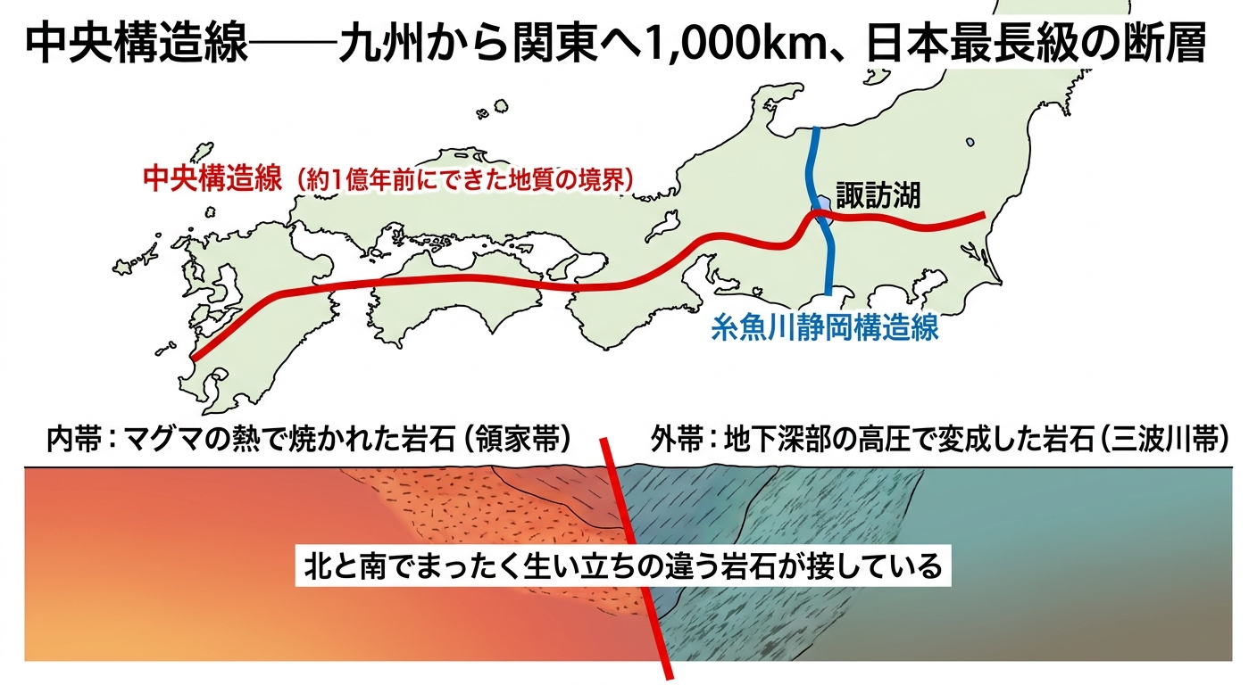 中央構造線の全体像と、糸魚川静岡構造線・諏訪湖との位置関係を示した図