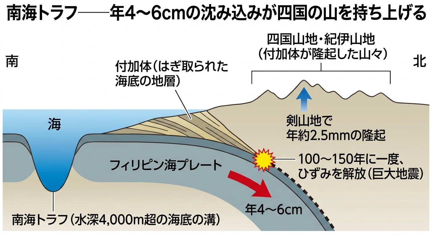 南海トラフの断面図。フィリピン海プレートの沈み込みと付加体、四国山地の隆起