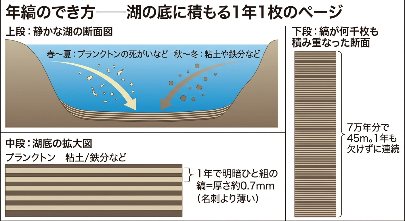 季節で沈むものが変わり1年で明暗ひと組の縞ができる年縞の仕組みの図解