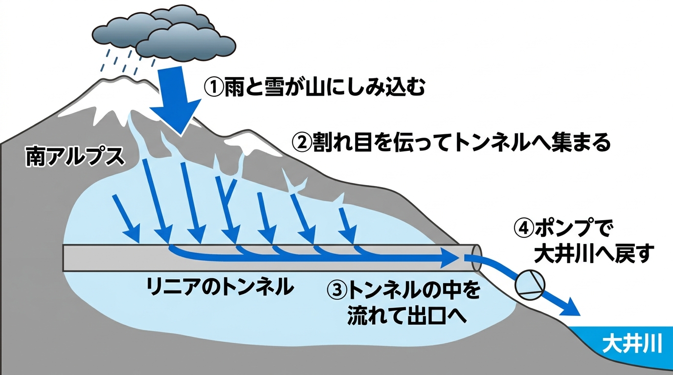 リニアトンネルの湧水が大井川へ戻るまでの流れを4段階で示した断面図解