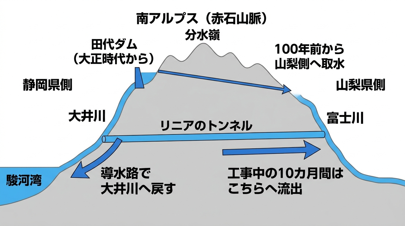 南アルプスを挟んだ静岡県側と山梨県側の水の流れ。田代ダムの取水、リニアトンネルの湧水、導水路で大井川へ戻す経路を示した模式図