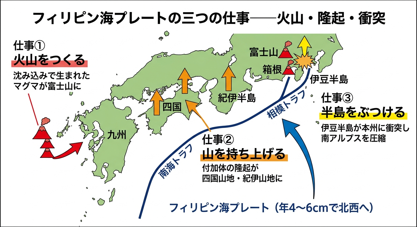 フィリピン海プレートの三つの働き。火山の形成・付加体の隆起・伊豆半島の衝突
