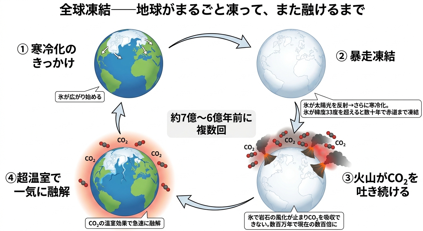 全球凍結が暴走凍結で凍り、火山CO2の超温室効果で融けるサイクルを示す図解