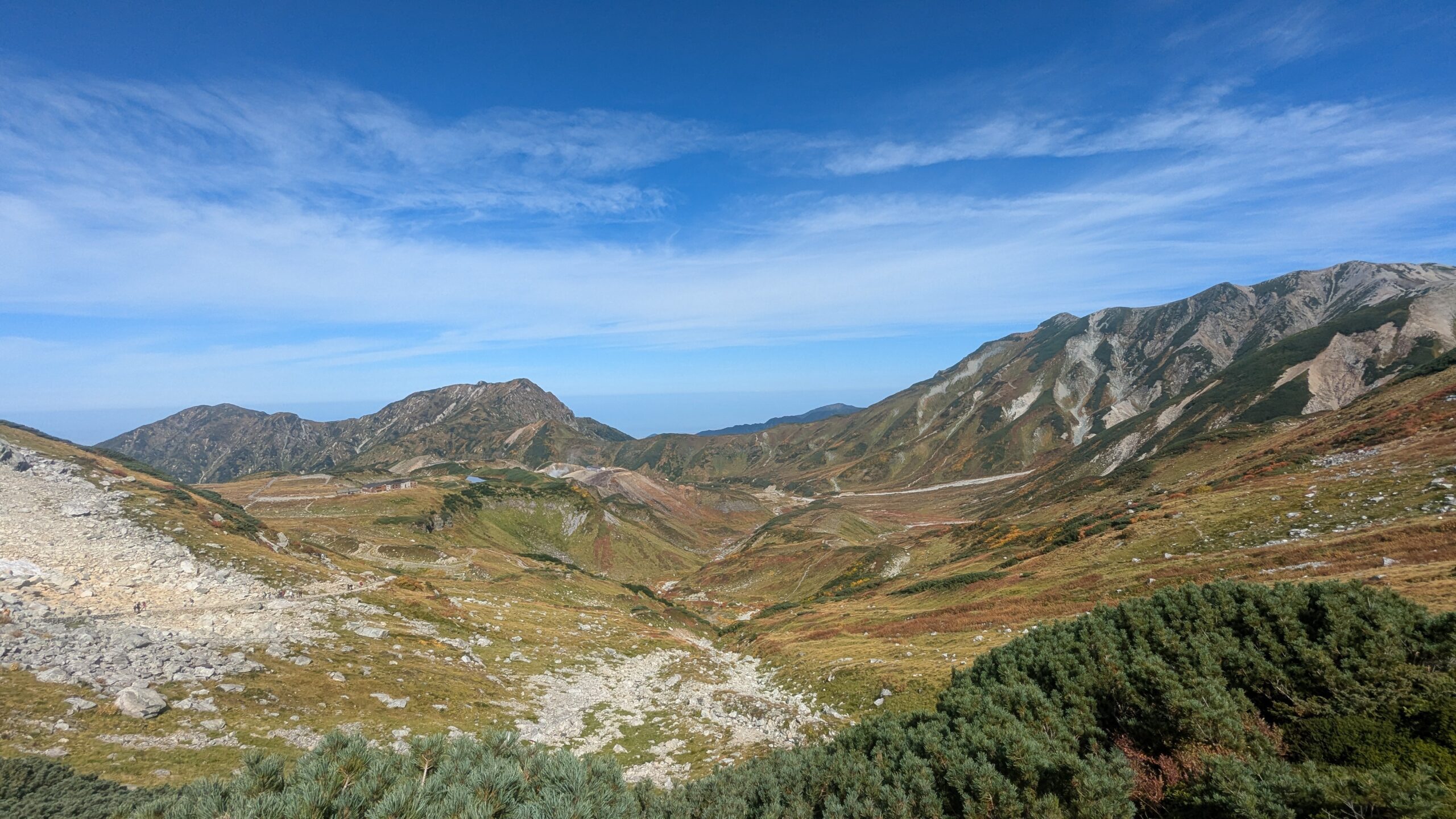 草紅葉に染まる室堂平の全景。みくりが池と地獄谷の噴気、雷鳥沢方面の山々