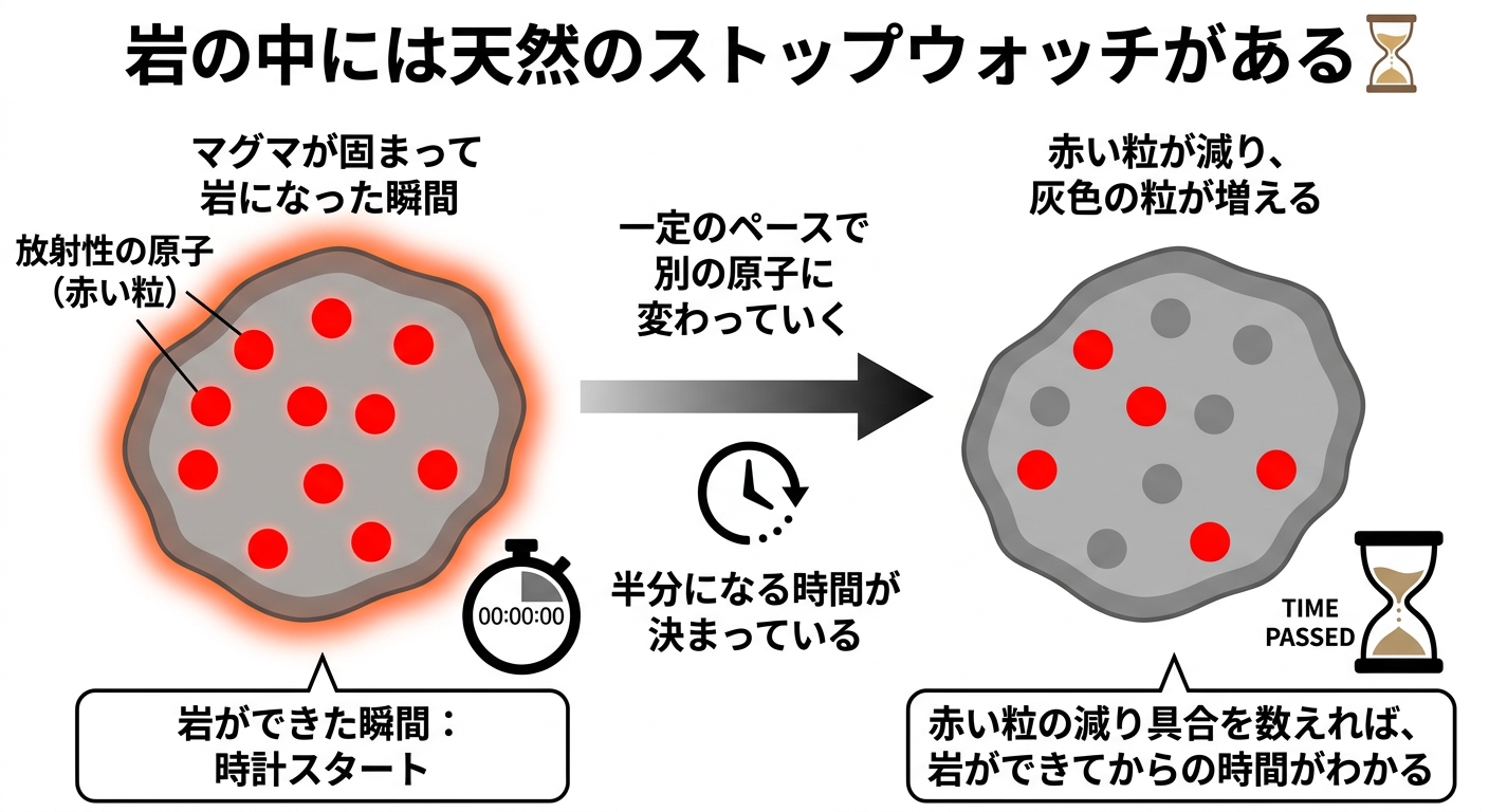 放射性の原子が一定のペースで減ることを利用した年代測定の仕組みの図解