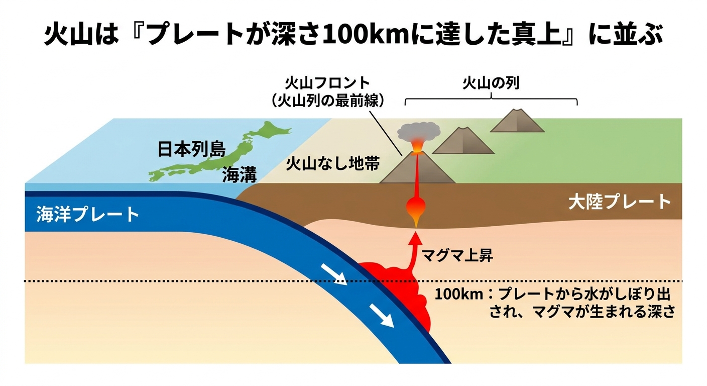 沈み込むプレートが深さ100kmに達した真上に火山列ができる仕組みの断面図解