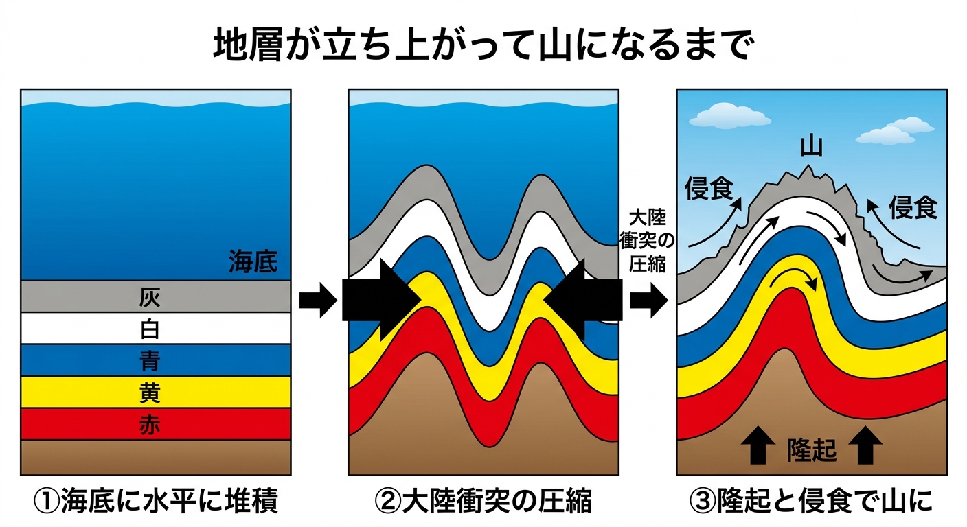 褶曲のしくみ:水平に堆積した地層が大陸衝突の圧縮で曲がり、隆起と侵食で山肌に縞模様として現れる3段階の図解