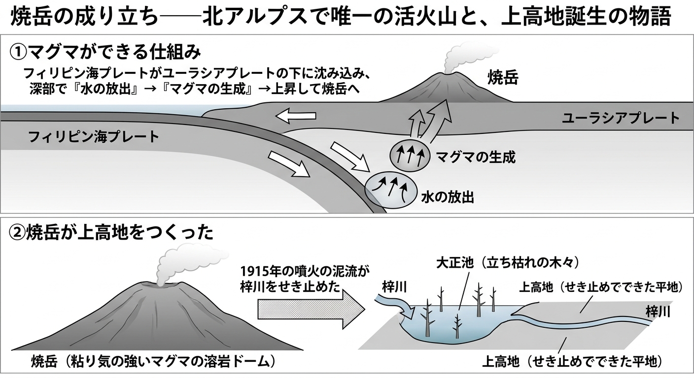 焼岳の溶岩ドームと上高地形成の仕組み