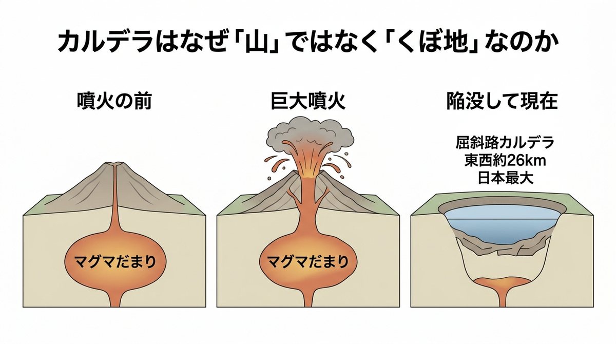 カルデラができる3段階を示す断面図。噴火前・巨大噴火・陥没して現在