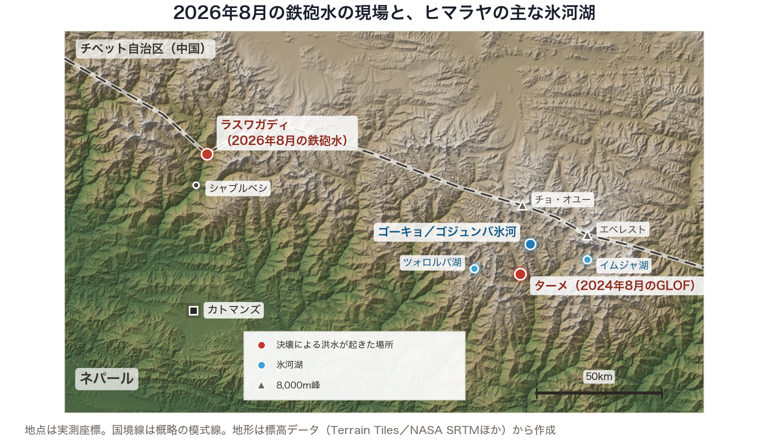 ネパールの位置図。ラスワガディ、ゴーキョ、ターメなど氷河湖決壊が起きた地点