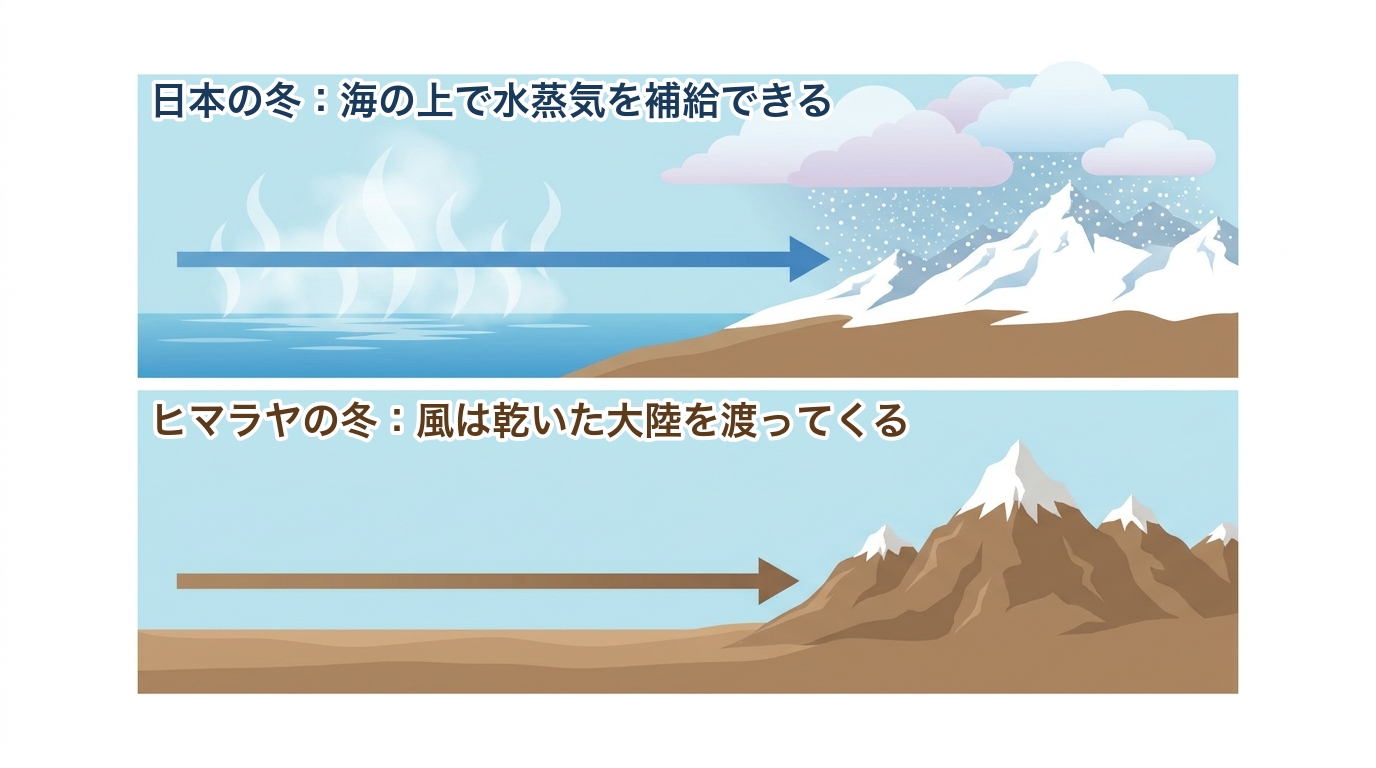 日本の冬とヒマラヤの冬の水蒸気供給の違いを示す比較図解