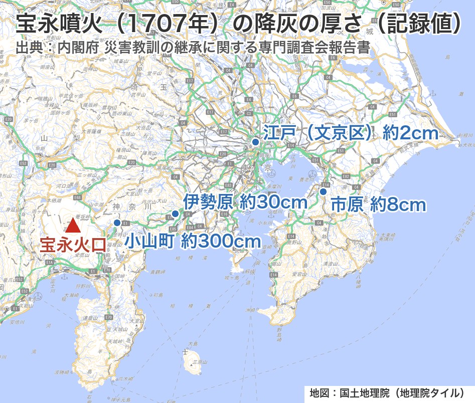 宝永噴火の降灰の厚さの記録値を示した地図