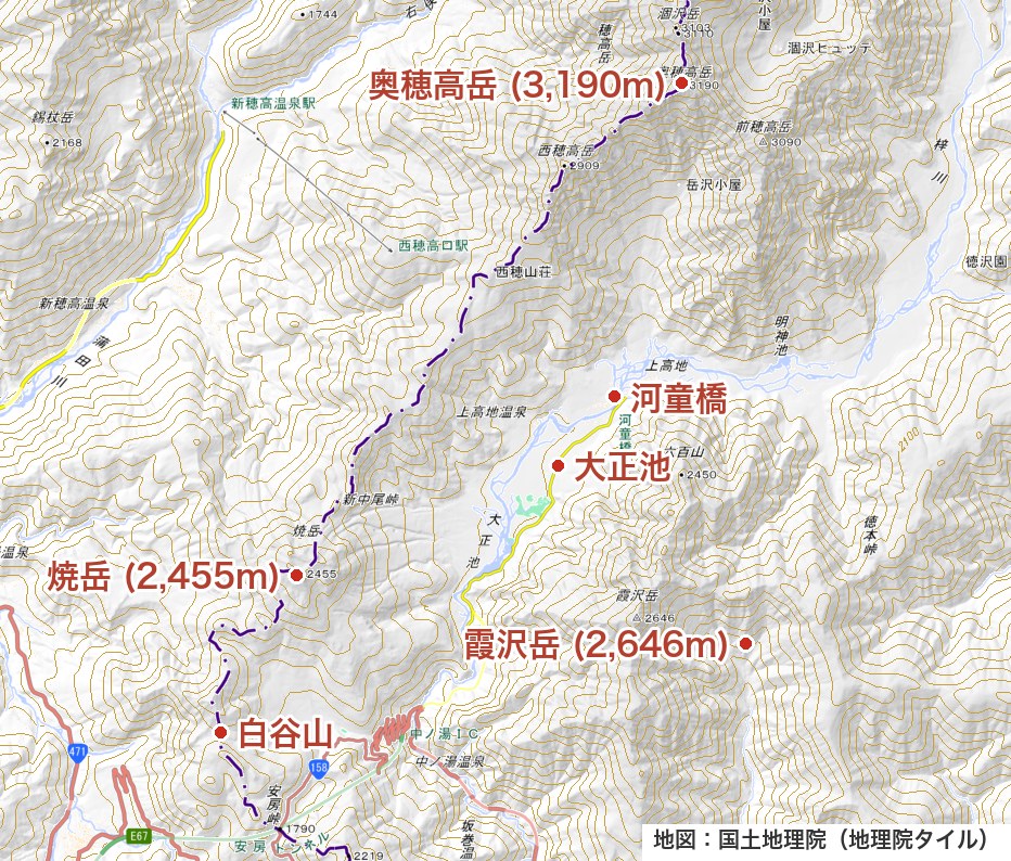 上高地周辺の地形図。焼岳・大正池・河童橋・霞沢岳の位置