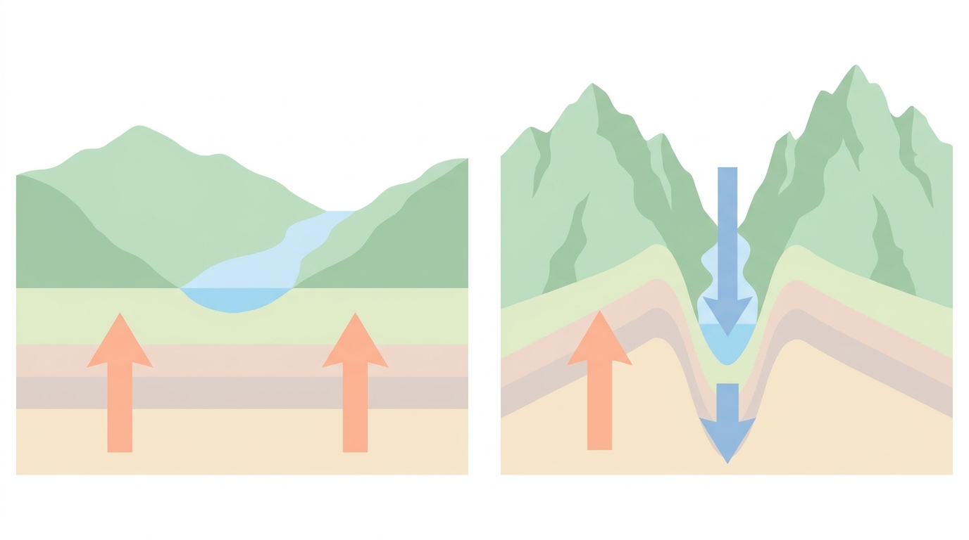 隆起する山地を川が削り込み、深いV字谷ができる仕組みの図解