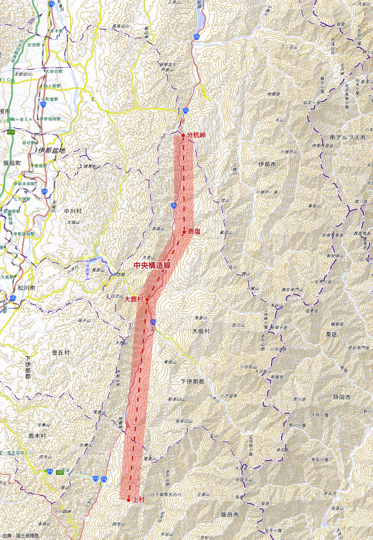 分杭峠から大鹿村へ一直線に伸びる中央構造線沿いの谷の地形図
