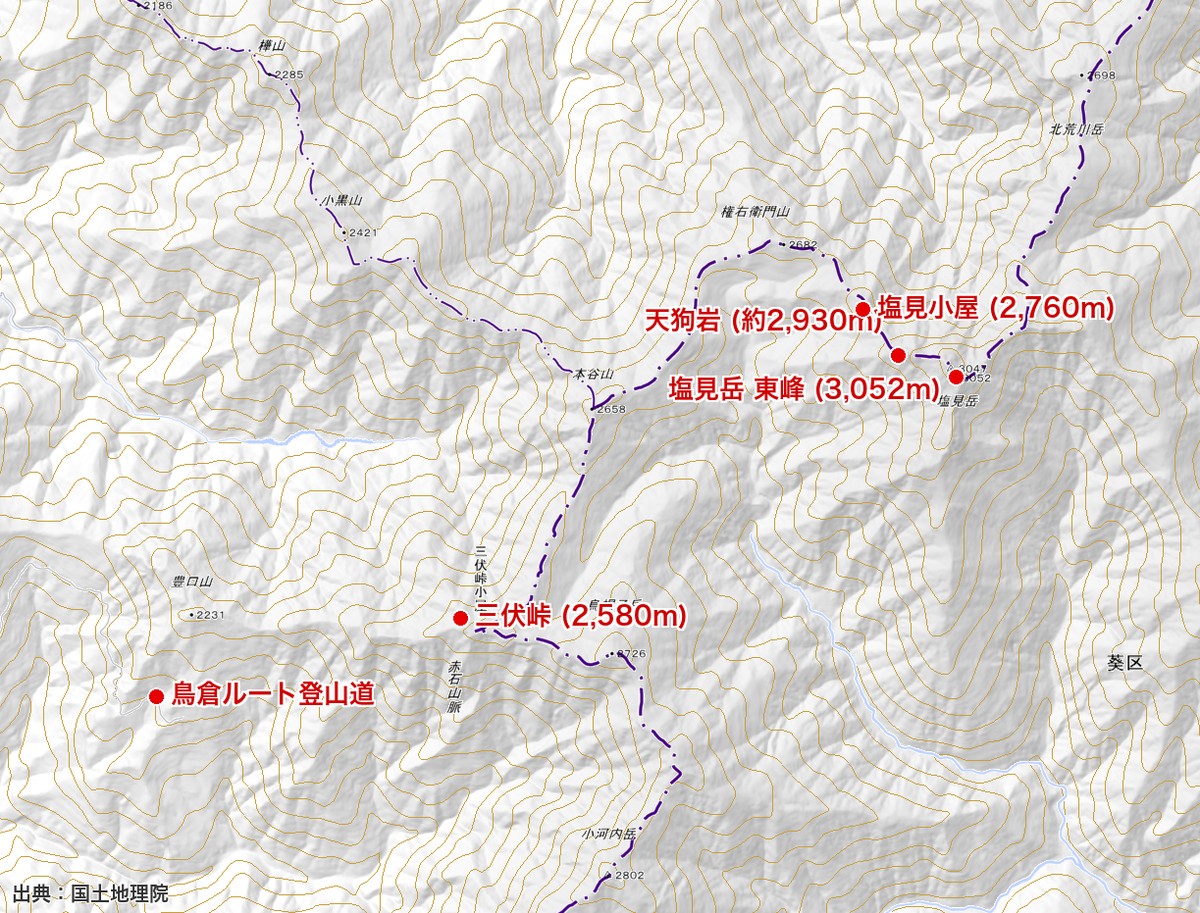 塩見岳周辺の地形図と主要地点