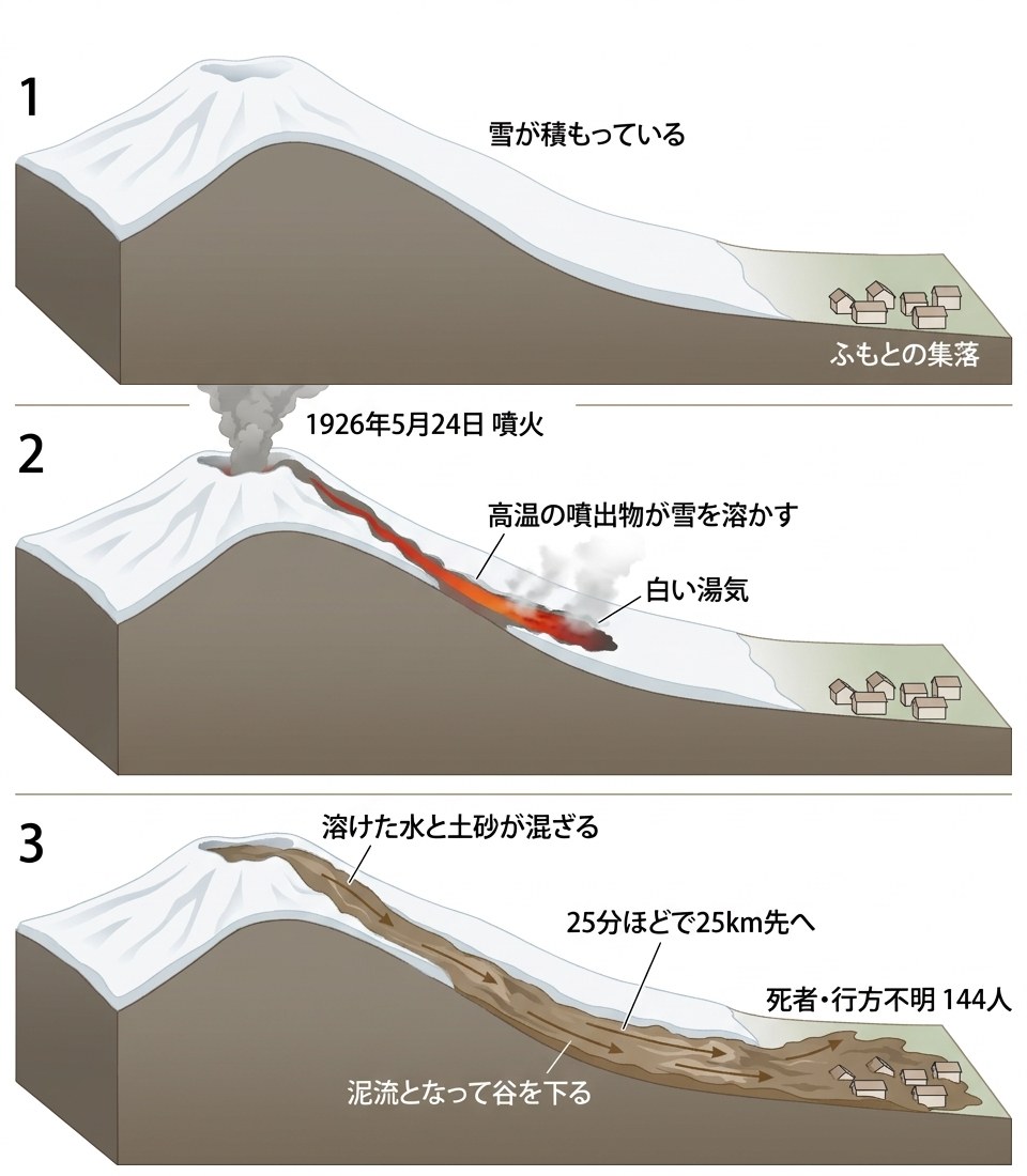 融雪型火山泥流のしくみを示す3段の断面図。雪の積もった山で噴火が起き、高温の噴出物が通った筋の雪だけが溶け、泥流となって谷を下り集落に達する