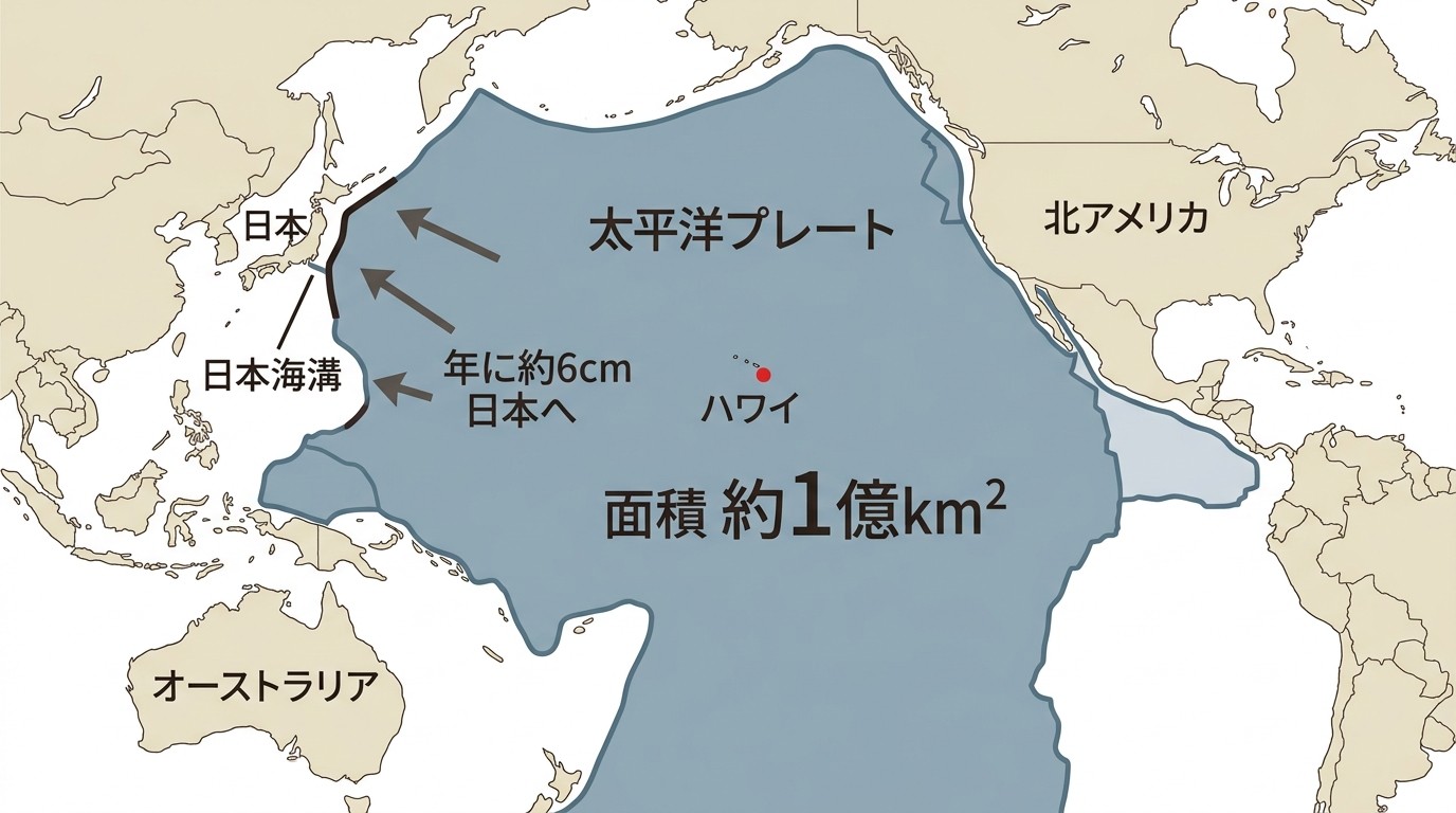 太平洋プレートの大きさを示す地図。面積約1億km2の範囲が太平洋のほぼ全体を占め、ハワイもこのプレートに乗って年に約6cm日本へ近づいている