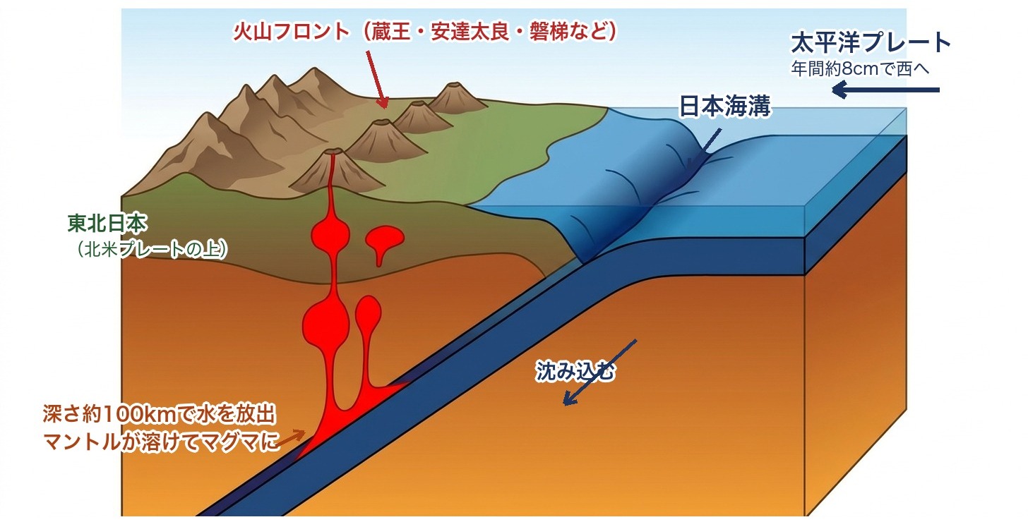 太平洋プレートが日本海溝から沈み込み深さ約100kmで水を放出しマグマと火山フロントを作る断面図解