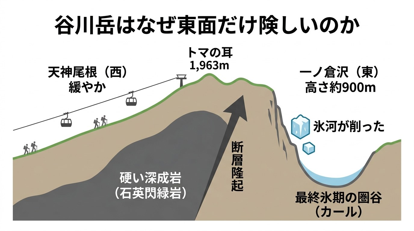 谷川岳の断面図。西の天神尾根は緩やか、東の一ノ倉沢は硬い深成岩の断層隆起と最終氷期の圏谷で高さ約900mの岩壁になっている