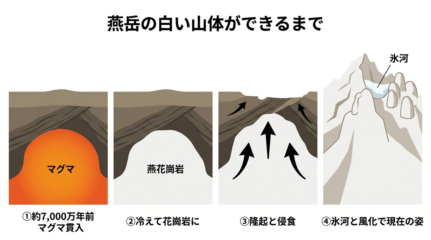燕岳の白い山体ができるまでの4段階。約7,000万年前のマグマ貫入、冷えて燕花崗岩に、隆起と侵食、氷河と風化で現在の姿