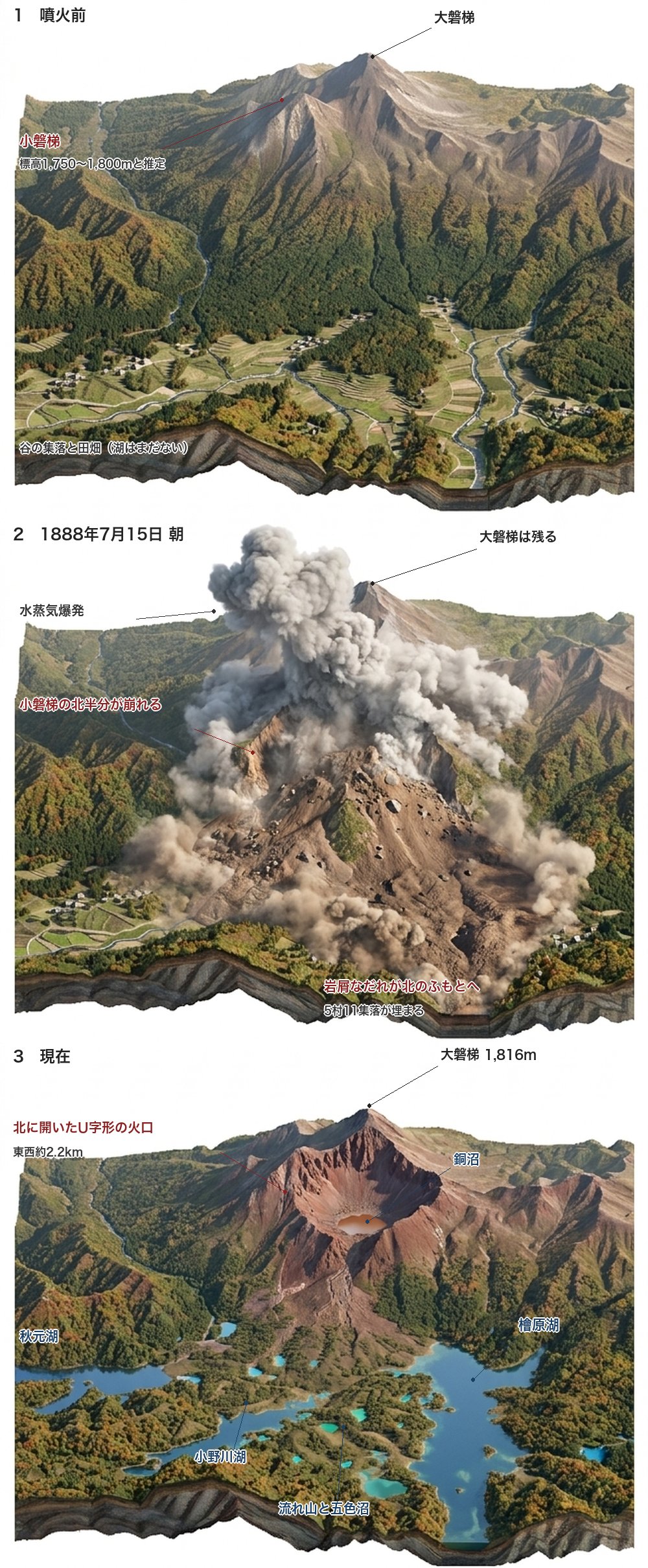 磐梯山1888年噴火の3段階を示す立体図。噴火前は大磐梯と小磐梯が並び、噴火で小磐梯が崩れて岩屑なだれが北へ流れ、現在は北に開いたU字形の火口と檜原湖・小野川湖・秋元湖・五色沼が並ぶ