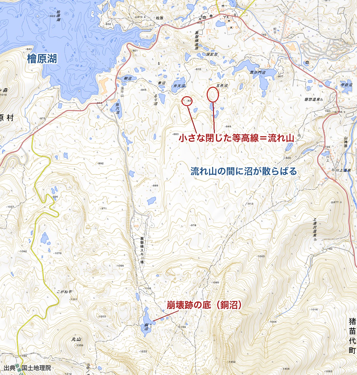 銅沼から五色沼・檜原湖にかけての拡大地形図。小さな閉じた等高線が無数にあり、その間に沼が散らばっている