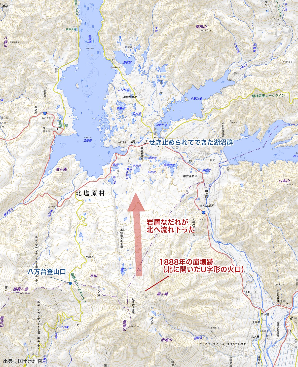 磐梯山と裏磐梯の地形図。山頂の北に開いたU字形の火口と、北へ広がる湖沼群、八方台登山口の位置を示す